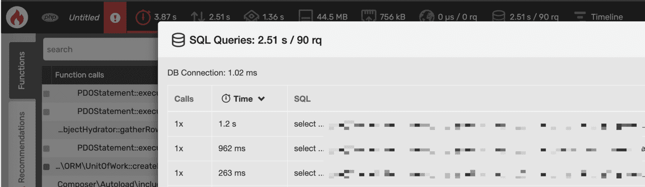 Blackfire SQL view before optimizations